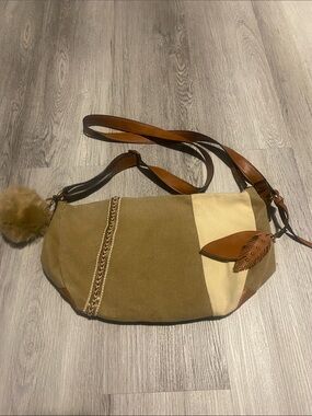 Canvas and Leather Two-Tone Shoulder Bag with Leaf Charm - Beige/Tan